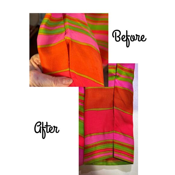 Vintage 60s Mod Striped Scarf Neckline Neon Color Silk Shift Dress Size L - Picture 5 of 6